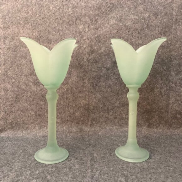 Frosted Green Glass 12.5” Tall Candle Holders - Picture 1 of 5